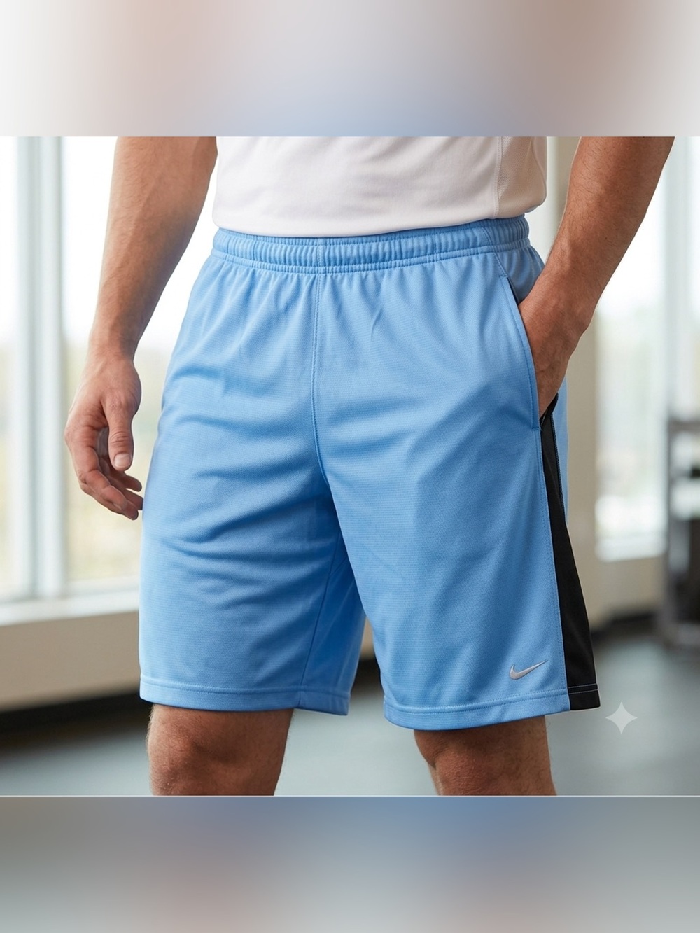 Nike Men's Light Blue Mesh Athletic Shorts Size L Black Trim Pockets